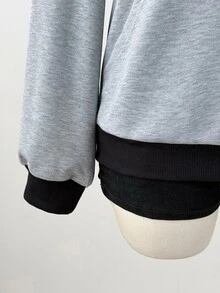 Sunspun Plus Size Autumn Grey & Black Colorblock American Retro Polo Collar Zip-Up College Style Loose Fit Versatile Sweatshirt Top Fall - Grey - View 4