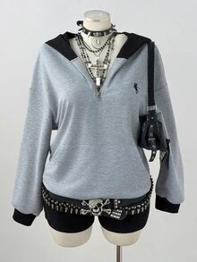 Sunspun Plus Size Autumn Grey & Black Colorblock American Retro Polo Collar Zip-Up College Style Loose Fit Versatile Sweatshirt Top Fall - Grey - View 5