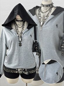 Sunspun Plus Size Autumn Grey & Black Colorblock American Retro Polo Collar Zip-Up College Style Loose Fit Versatile Sweatshirt Top Fall - Grey - View 1