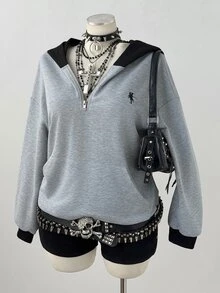 Sunspun Plus Size Autumn Grey & Black Colorblock American Retro Polo Collar Zip-Up College Style Loose Fit Versatile Sweatshirt Top Fall - Grey - View 6