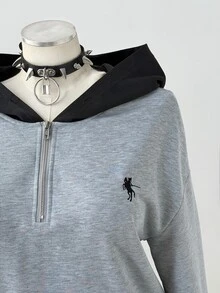 Sunspun Plus Size Autumn Grey & Black Colorblock American Retro Polo Collar Zip-Up College Style Loose Fit Versatile Sweatshirt Top Fall - Grey - View 3