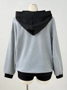 Sunspun Plus Size Autumn Grey & Black Colorblock American Retro Polo Collar Zip-Up College Style Loose Fit Versatile Sweatshirt Top Fall - Grey - View 2