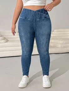SHEIN MOD Plus Size Women's Asymmetrical Waist Casual Loose Fit Daily Wear Denim Jeans Vacation Evening Blue Summer - Dark Wash - View 4