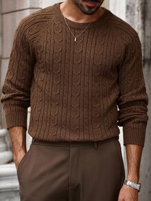 Manfinity Bizformal Men's Casual Cable Pattern Round Neck Raglan Sleeve Sweater, Autumn - Multicolor - View 4