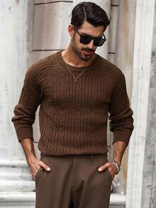 Manfinity Bizformal Men's Casual Cable Pattern Round Neck Raglan Sleeve Sweater, Autumn - Multicolor - View 1