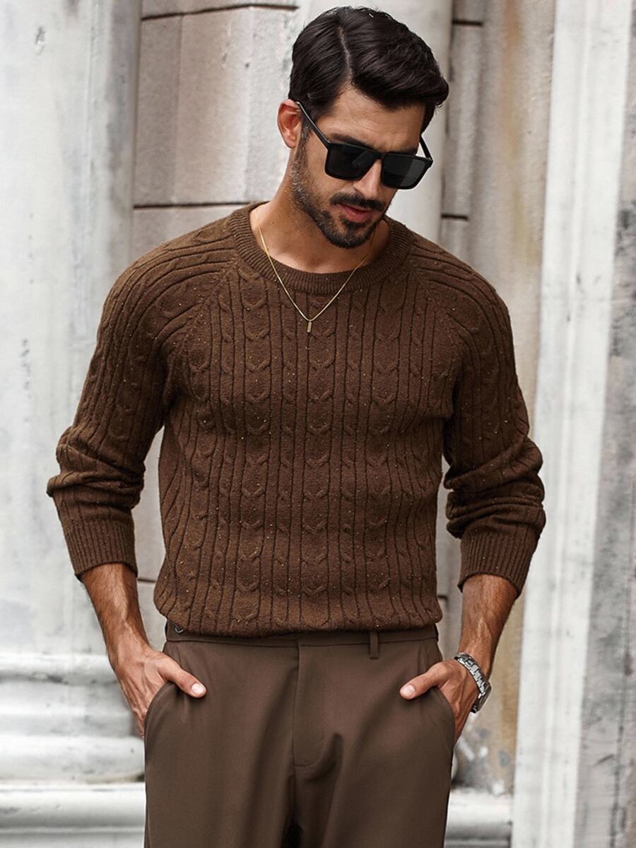 Manfinity Bizformal Men's Casual Cable Pattern Round Neck Raglan Sleeve Sweater, Autumn - Multicolor - View 1