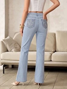 Anewsta Ladies' Light Blue Pocket Color Diamond Micro Flared Jeans, Niche Floor Length Flared Pants - Baby Blue - View 6