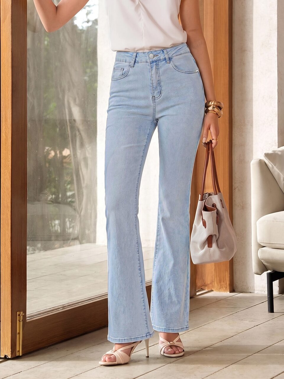Women's Light Blue Pocket Rhinestone Flared Jeans, Autumn Long Flared Pants