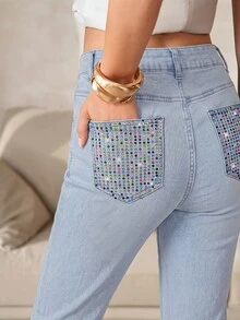 Anewsta Ladies' Light Blue Pocket Color Diamond Micro Flared Jeans, Niche Floor Length Flared Pants - Baby Blue - View 5