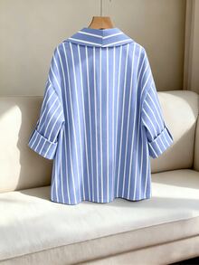 GlowEve CURVE 大尺碼女款條紋休閒百搭日常防風外套，適合家庭度假、春秋辦公穿著 - 藍白色 - 查看 2