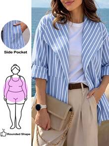 GlowEve CURVE 大尺碼女款條紋休閒百搭日常防風外套，適合家庭度假、春秋辦公穿著 - 藍白色 - 查看 7