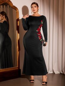 Cravure Plus Size Knit Fabric Boat Neck Long Sleeve Side Red Rose Patchwork Ruched Waist Mermaid Hem Evening Gown Elegant Fashion Autumn/Winter Party Dress - Black - View 5
