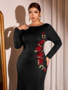 Cravure Plus Size Knit Fabric Boat Neck Long Sleeve Side Red Rose Patchwork Ruched Waist Mermaid Hem Evening Gown Elegant Fashion Autumn/Winter Party Dress - Black - View 7