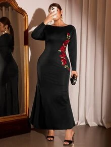 Cravure Plus Size Knit Fabric Boat Neck Long Sleeve Side Red Rose Patchwork Ruched Waist Mermaid Hem Evening Gown Elegant Fashion Autumn/Winter Party Dress - Black - View 6