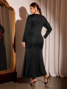 Cravure Plus Size Knit Fabric Boat Neck Long Sleeve Side Red Rose Patchwork Ruched Waist Mermaid Hem Evening Gown Elegant Fashion Autumn/Winter Party Dress - Black - View 2