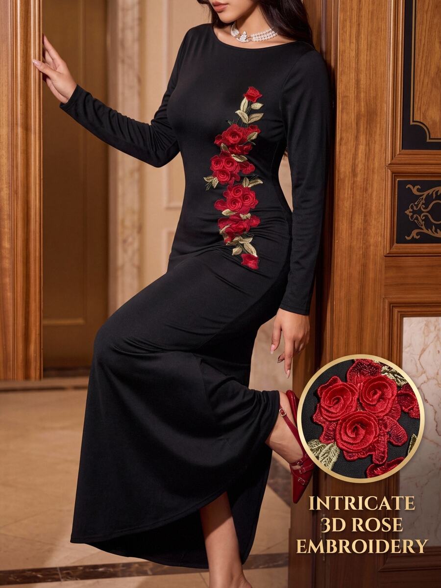 Cravure Plus Size Knit Fabric Boat Neck Long Sleeve Side Red Rose Patchwork Ruched Waist Mermaid Hem Evening Gown Elegant Fashion Autumn/Winter Party Dress - Black - View 1
