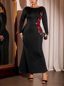 Cravure Plus Size Knit Fabric Boat Neck Long Sleeve Side Red Rose Patchwork Ruched Waist Mermaid Hem Evening Gown Elegant Fashion Autumn/Winter Party Dress - Black - View 4