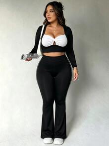 Dewbera Dewbera Women's Plus Size Colorblock Long Sleeve Twist Front Sports Top Fall - Black and White - View 3