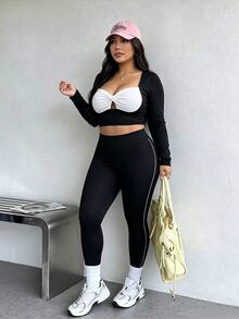 Dewbera Dewbera Women's Plus Size Colorblock Long Sleeve Twist Front Sports Top Fall - Black and White - View 1