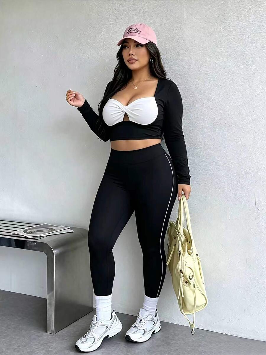 Dewbera Dewbera Women's Plus Size Colorblock Long Sleeve Twist Front Sports Top Fall - Black and White - View 1
