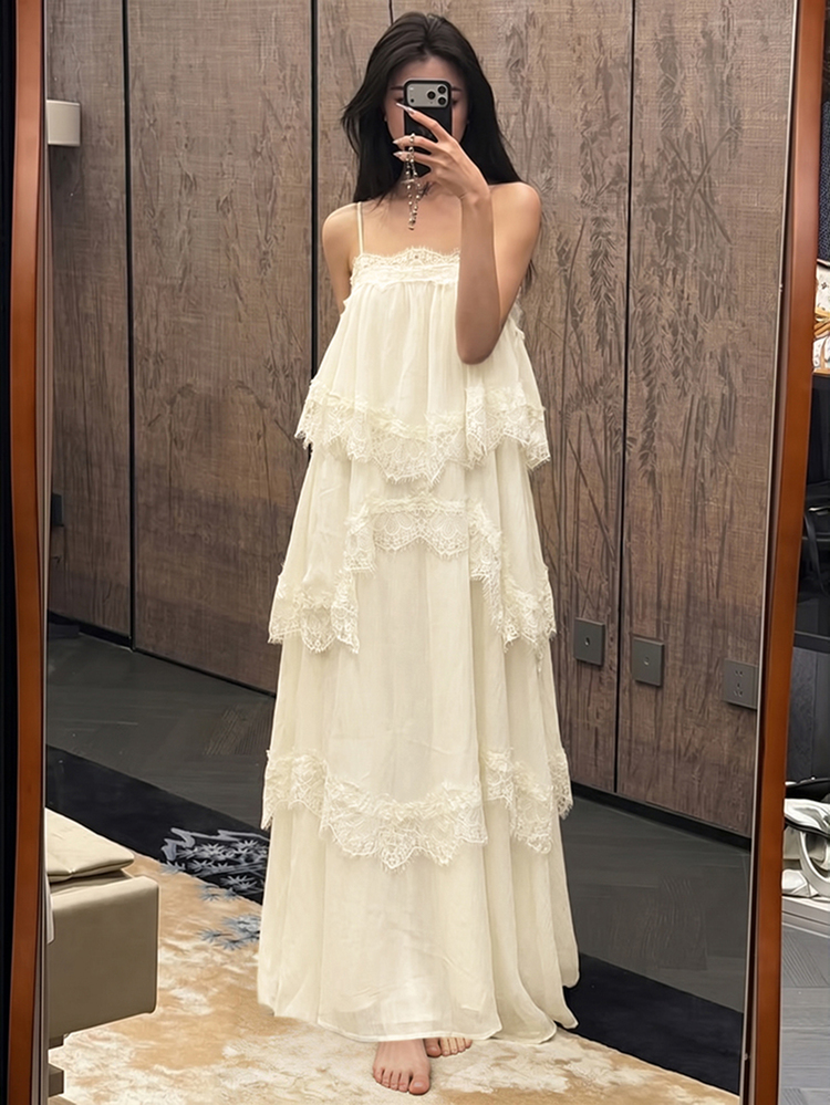 Lumalex Cream White Lace Trim Tiered Maxi Dress Elegant Romantic Summer Layered Chiffon Spaghetti Straps Flowy A Line Backless Wedding Guest Garden Party Gown - Apricot - View 4