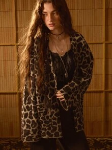 MOTF STUDIO WOMEN'S LEOPARD PRINT LOOSE SWEATER WITH BELT OUTERWEAR, AUTUMN/WINTER - Coffee Brown - View 5