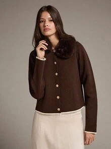 MOTF PREMIUM SWEATER RAJUT WANITA DENGAN KERAH BULU MEWAH DAN BAGIAN DEPAN TERBUKA - Coffee Brown - View 3