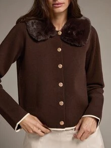 MOTF PREMIUM SWEATER RAJUT WANITA DENGAN KERAH BULU MEWAH DAN BAGIAN DEPAN TERBUKA - Coffee Brown - View 6