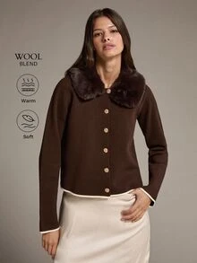 MOTF PREMIUM SWEATER RAJUT WANITA DENGAN KERAH BULU MEWAH DAN BAGIAN DEPAN TERBUKA - Coffee Brown - View 1