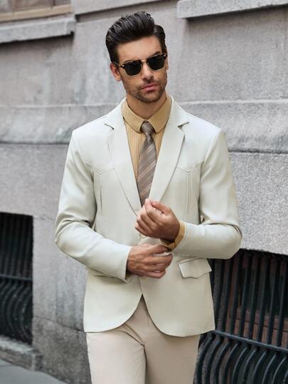 Manfinity Bizformal Conjunto de 1 pieza de blazer y pantalones de corte slim en beige claro para hombre, traje de negocios casual transpirable de verano para bodas, reuniones, estilo urbano profesional a medida