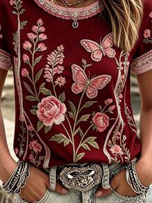 EMERY ROSE Plus Size Vintage Burgundy Floral Butterfly Print Short Sleeve Top, Lace Trim Crew Neck Casual Tee For Women - Multicolor - View 3