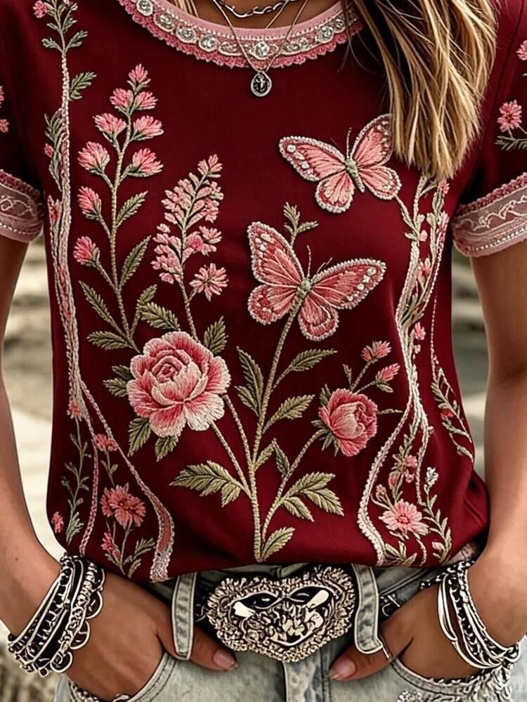 EMERY ROSE Plus Size Vintage Burgundy Floral Butterfly Print Short Sleeve Top, Lace Trim Crew Neck Casual Tee For Women - Multicolor - View 3
