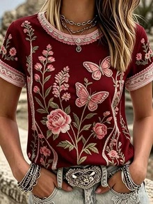 EMERY ROSE Plus Size Vintage Burgundy Floral Butterfly Print Short Sleeve Top, Lace Trim Crew Neck Casual Tee For Women - Multicolor - View 1