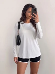 Eassivo Eassivo Solid Color Mesh Patchwork Long Sleeve Sports T-Shirt - White - View 6