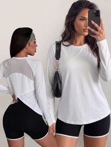 Eassivo Eassivo Solid Color Mesh Patchwork Long Sleeve Sports T-Shirt - White - View 3