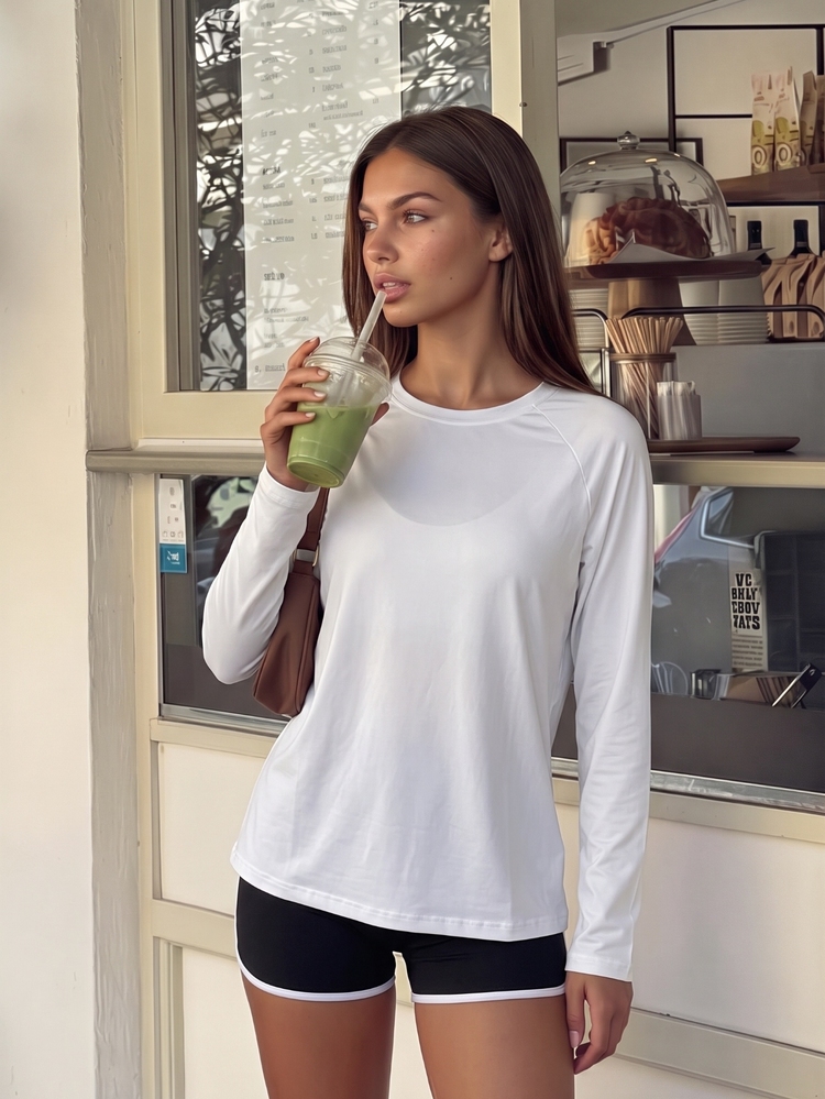 Eassivo Eassivo Solid Color Mesh Patchwork Long Sleeve Sports T-Shirt - White - View 7