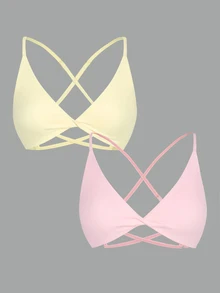 Eassivo Eassivo 2pcs Seamless Sports Yoga Solid Color Bra, Sexy Design, Gym Use, Adjustable Straps, Front Twist Design, Cross Back Design - Multicolor - View 2