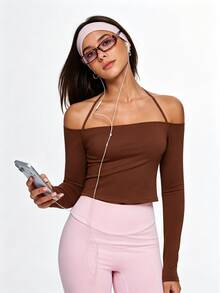 Eassivo Eassivo 女款時尚性感設計露肩掛脖綁帶修身運動T恤瑜珈上衣 - 咖啡棕 - 查看 8