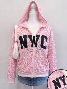 SHEIN Tween Girl Tween Girls Knitted Leopard Print Pattern Hooded Open Front Sweatshirt - Pink - View 4