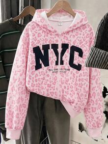 SHEIN Tween Girl Tween Girls Knitted Leopard Print Pattern Hooded Open Front Sweatshirt - Pink - View 3
