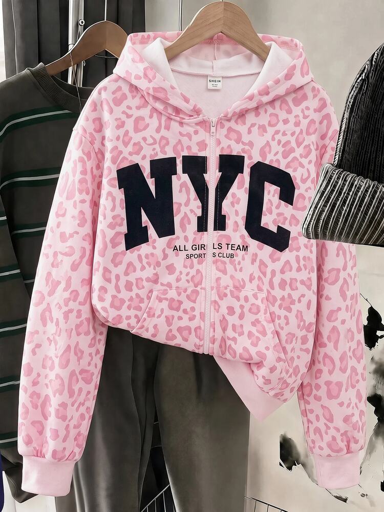 SHEIN Tween Girl Tween Girls Knitted Leopard Print Pattern Hooded Open Front Sweatshirt - Pink - View 3