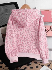 SHEIN Tween Girl Tween Girls Knitted Leopard Print Pattern Hooded Open Front Sweatshirt - Pink - View 2