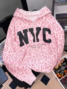 SHEIN Tween Girl Tween Girls Knitted Leopard Print Pattern Hooded Open Front Sweatshirt - Pink - View 1