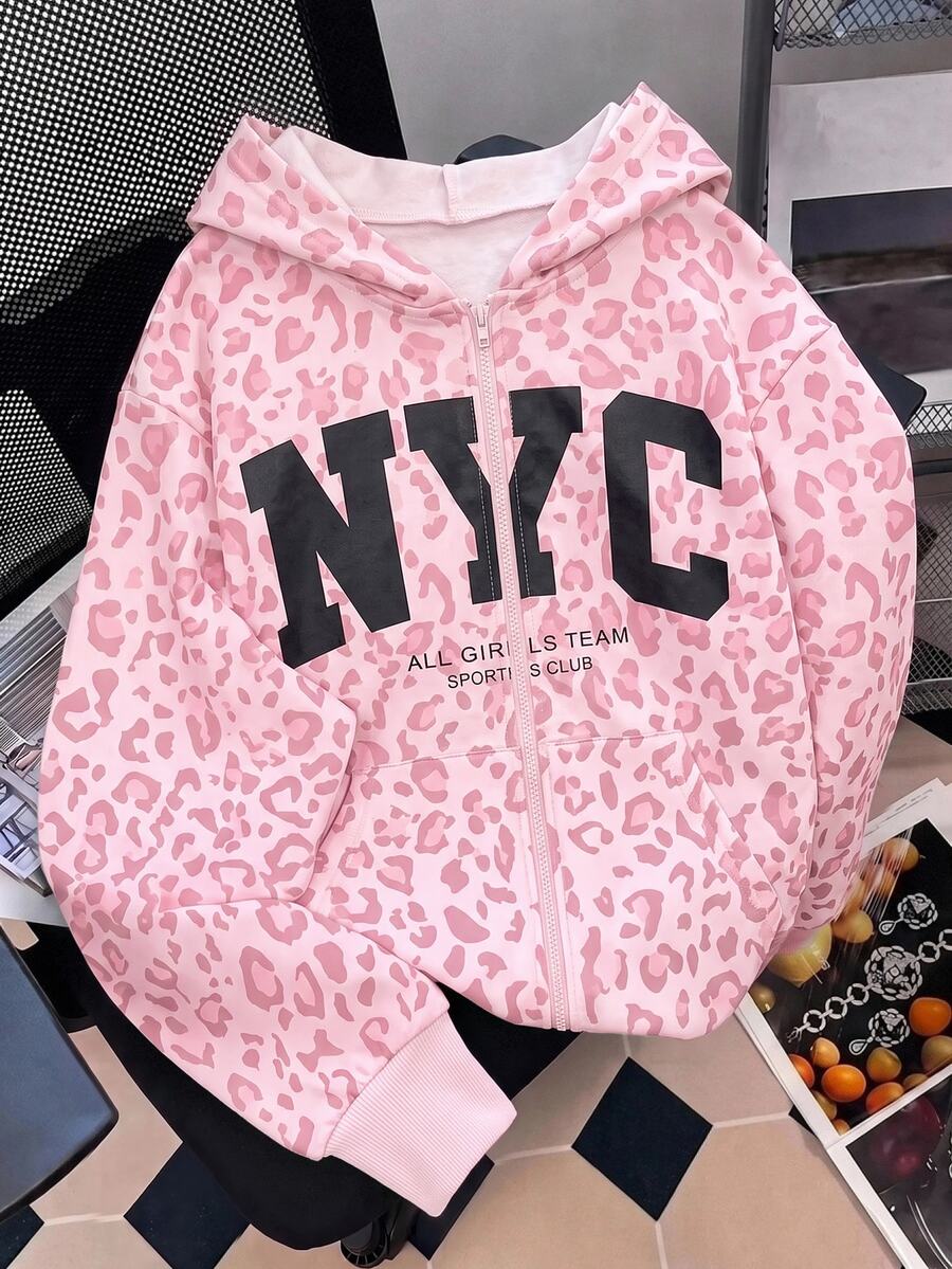SHEIN Tween Girl Tween Girls Knitted Leopard Print Pattern Hooded Open Front Sweatshirt - Pink - View 1