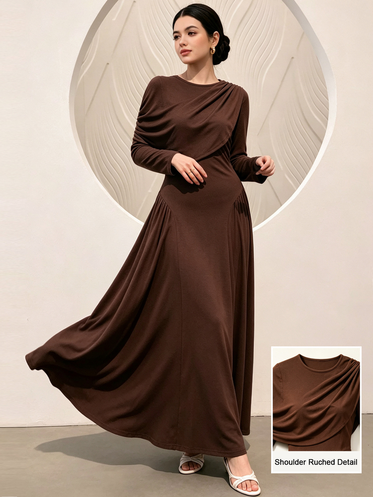 Graceveil Women's Elegant Solid‑Color Coffee Brown Dress, Draped‑Shoulder Long‑Sleeve Knit Fall Dress, Vintage Sophisticated Style - Brown - View 1