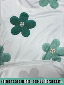 【印花設計】少女綠色繽紛花卉圖案T恤，花朵珍珠印花圓領短袖甜美休閒上衣，時尚學院風Tee，適合日常購物、度假穿著、返校、鄉村度假，可愛日系花卉風格 - 彩色 - 查看 5