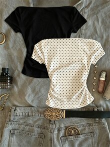 IslaSuriya 2pcs Women Summer Polka Dot Print Ruched Cold Shoulder T-Shirt - Apricot - View 2