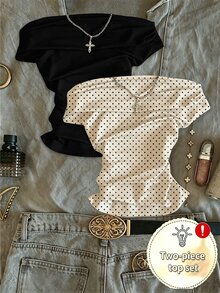 IslaSuriya 2pcs Women Summer Polka Dot Print Ruched Cold Shoulder T-Shirt - Apricot - View 1