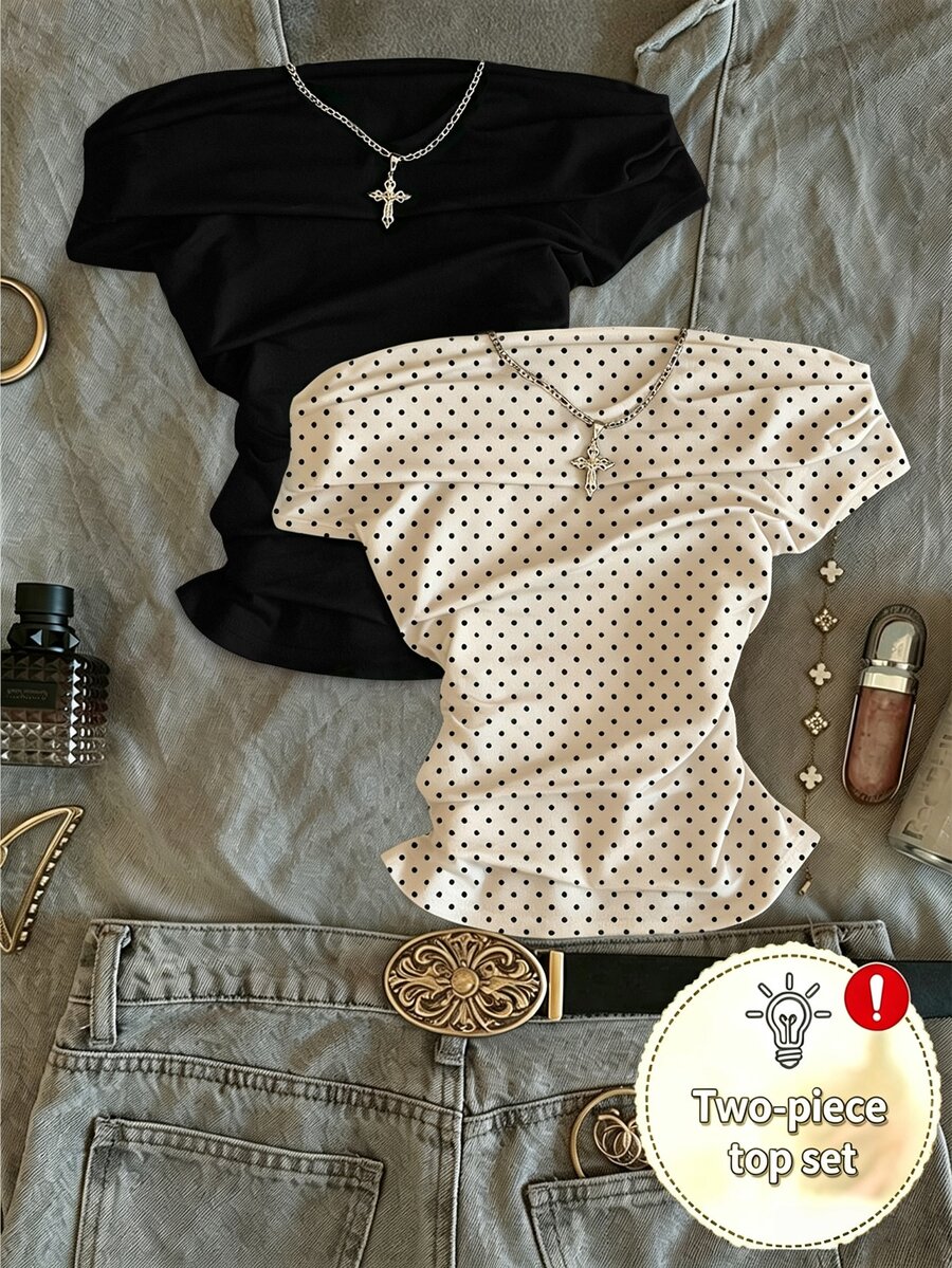 IslaSuriya 2pcs Women Summer Polka Dot Print Ruched Cold Shoulder T-Shirt - Apricot - View 1