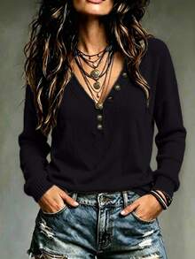 SHEIN Women's Solid Color Button Design V-Neck Long Sleeve Casual Boho Sweater Brunch Black Autumn - Black - View 1